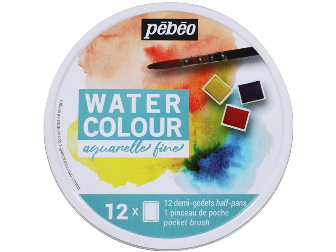 Caja Redonda Con 12 Medios Platillos Acuarela + Pincel de Agua PÉBÉO