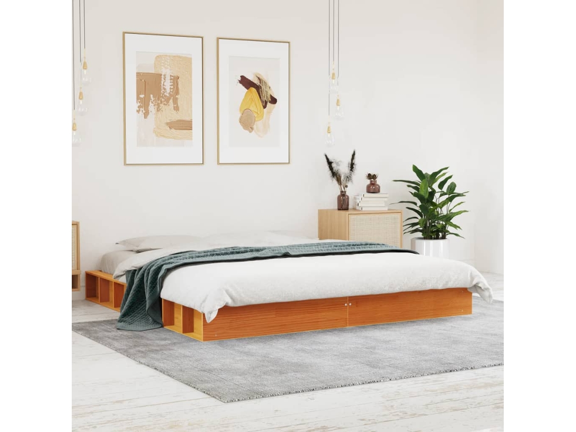 Cama Sin Colchón Madera Maciza De Pino Marrón Cera 200x200 Cm