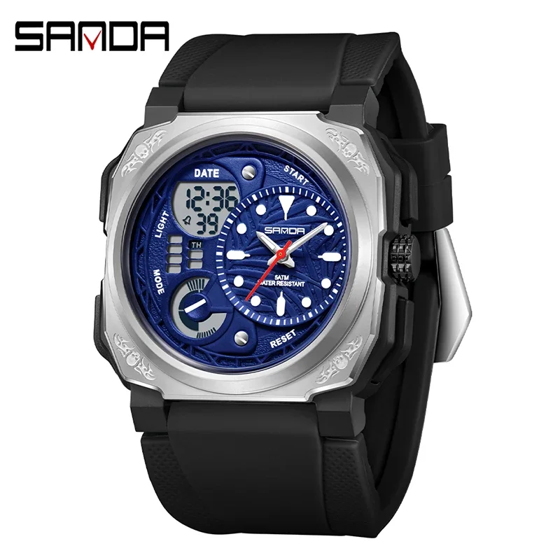 Reloj Electrónico Para Hombre (negro Y Azul) Para Deportes Al Aire Libre, Cronómetro Y Alarma, Doble Pantalla, De Cuarzo.