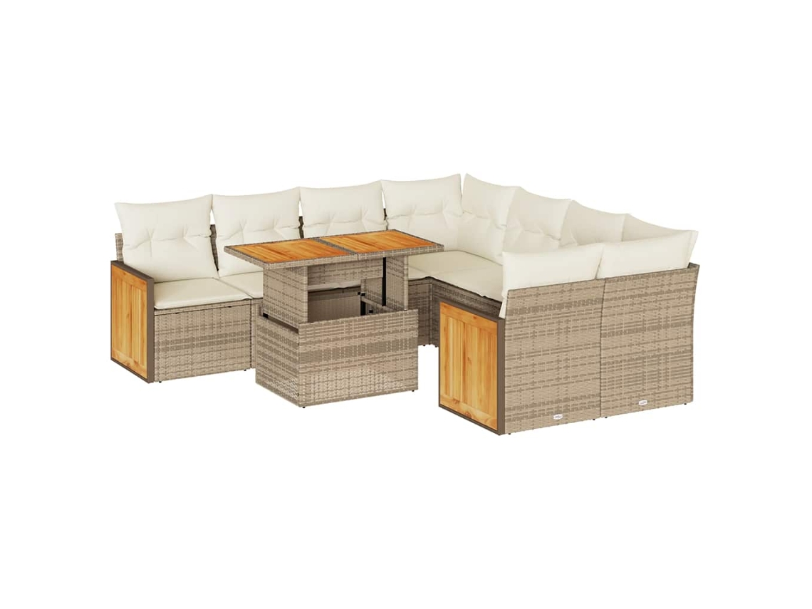 Conjunto de 9 sofás de jardín con cojines de mimbre, acacia beige, MAISON EXCLUSIVE