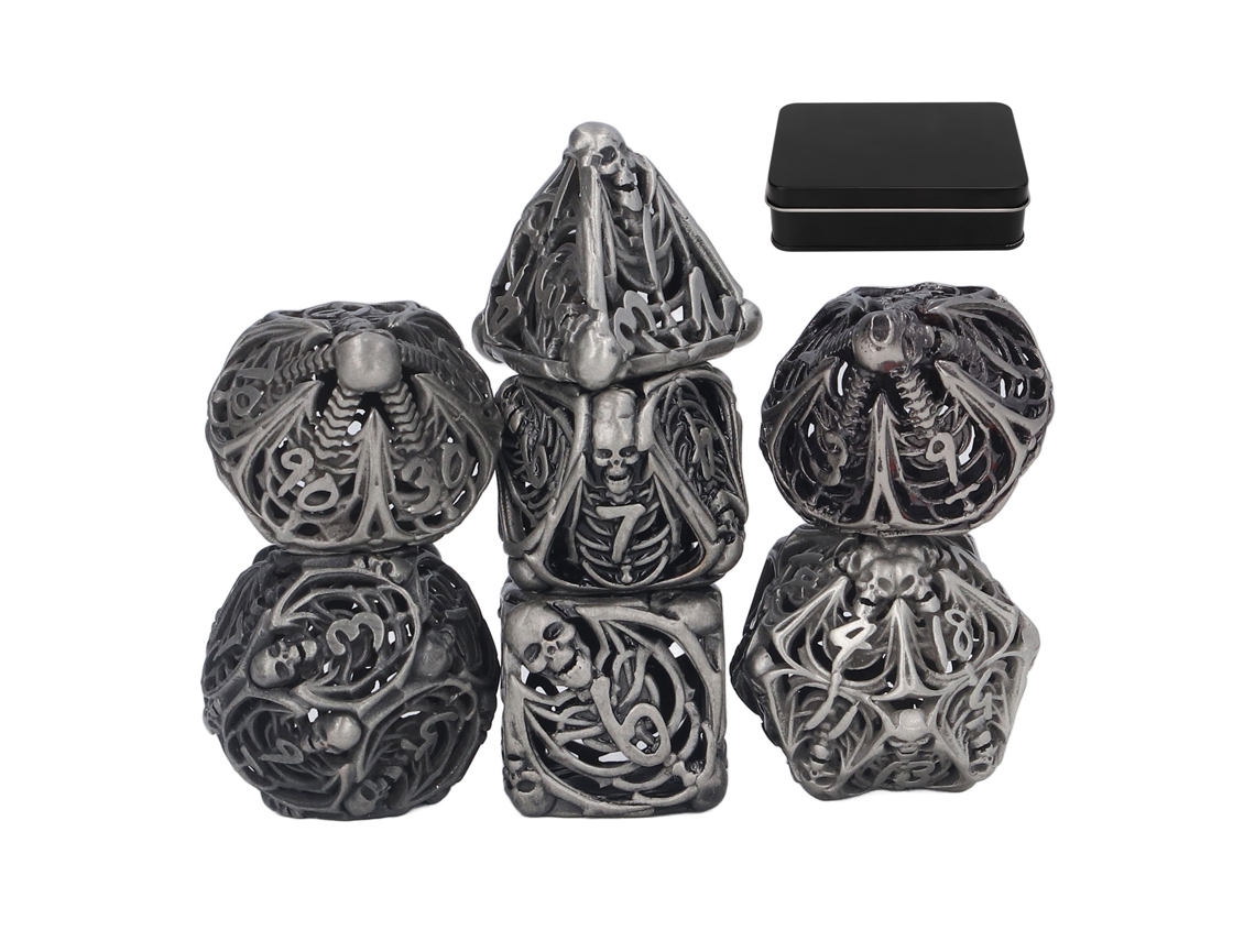 Set De 7 Dados Metálicos Poliédricos Con Diseño De Calavera Hueca, Exquisitos Y Portátiles Para Juegos De Mesa Y Cartas, Plata Antigua