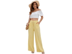 2026-pantalones Anchos De Algodón Y Lino Para Mujer De Cadera Alta Con Bolsillos Verano Flowy Xxl Amarillo