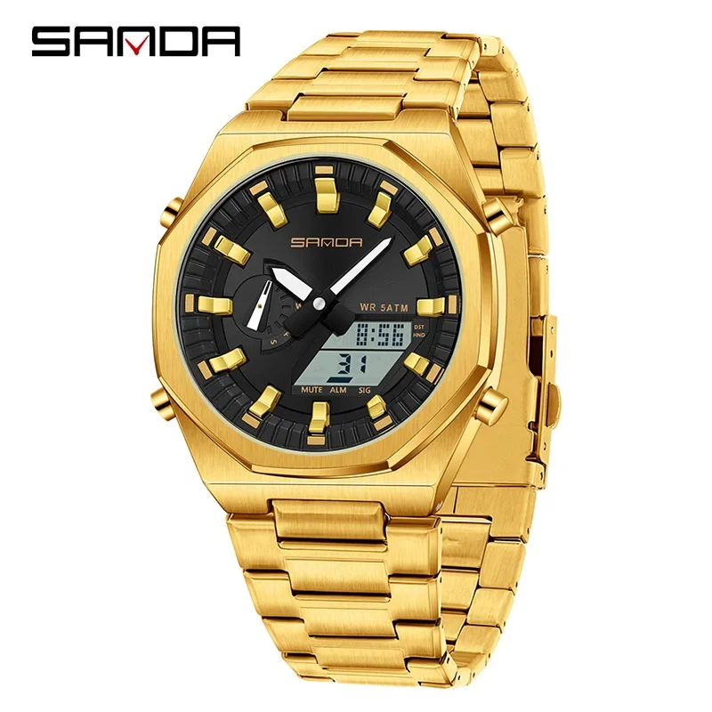 (esfera Dorada Y Negra) Elegante Reloj Digital Para Hombre, Despertador, Resistente Al Agua, Cronómetro, Acero Inoxidable, Doble Pantalla.