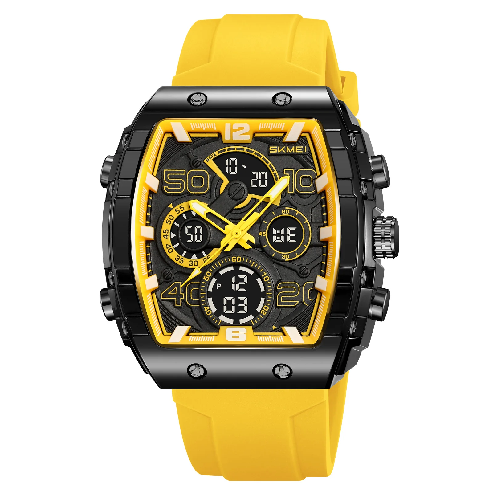 Reloj Deportivo Con Cronógrafo Led (amarillo Semitransparente), Caja En Forma De Tonel, Para Hombres Jóvenes.