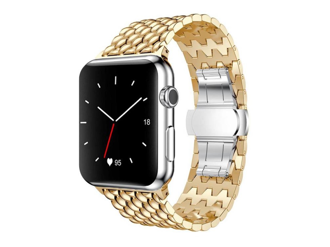 Bracelete Para Apple Watch 46/49/45/44mm - Metal Com Textura De Dragão Dourada