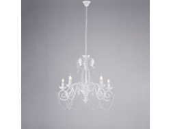Lámpara de araña Damasco de hierro lacado en blanco con decoración. Efecto shabby chic y cristales de imitación. 5 luces. 125 Ø63 Bl77. 5 Bco Belight.