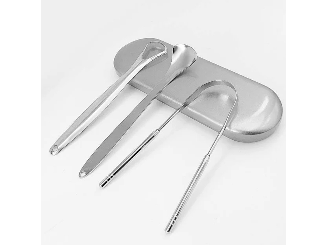 Kit de Limpeza de Língua Premium em Aço Inoxidável, Ferramenta Portátil para Higiene Oral. MDUG (conjunto de 3 Peças Prateado)
