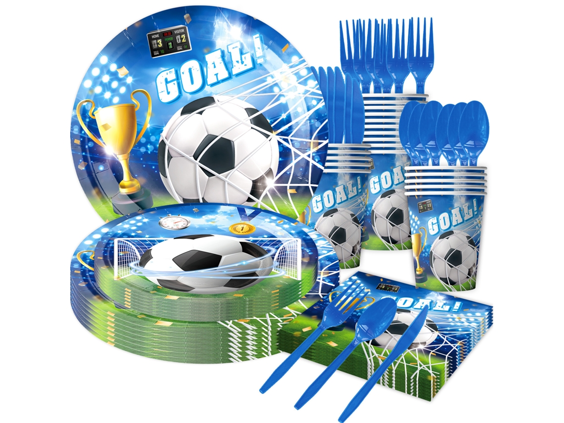 Juego de vajilla para fiesta del Mundial de Fútbol: platos de 7 y 9 pulgadas, vasos, servilletas y cubiertos azules. Decoración con temática deportiva. STELASPLEN
