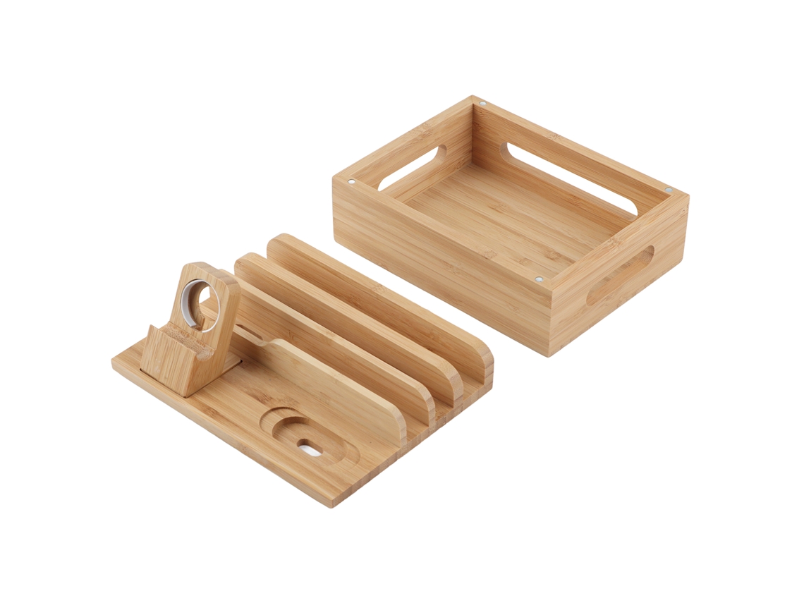 Soporte de bambú para cargar y organizar teléfonos móviles y relojes