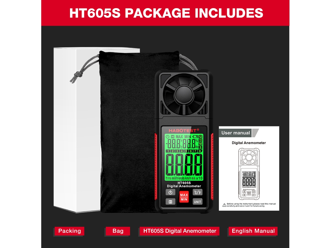 Anemómetro Digital Ht605s Con Pantalla Lcd Retroiluminada, Que Mide La Velocidad Del Viento, La Temperatura Y La Humedad.