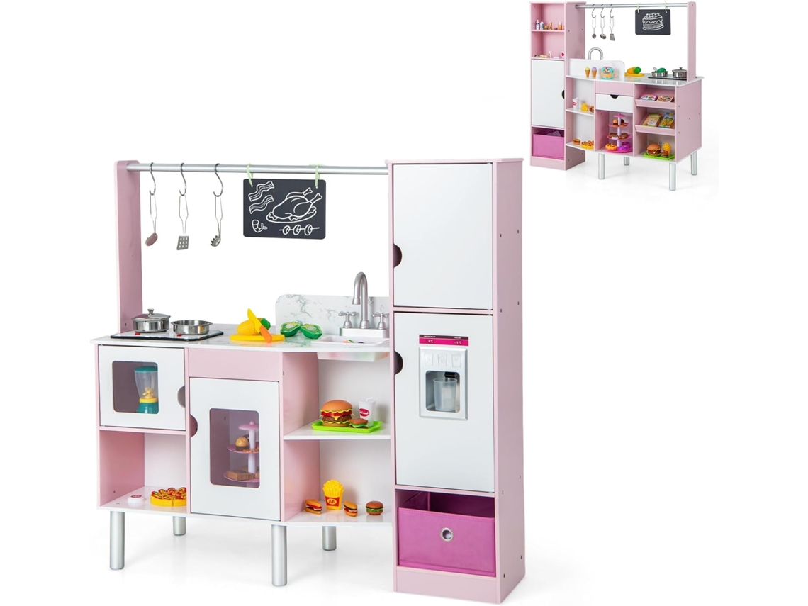 Cocina de Juguete de Madera 2 en 1, Cocina de Juego de Doble Cara con Luz y Sonido Realistas, Máquina de Hielo Interactiva y Pizarra COSTWAY