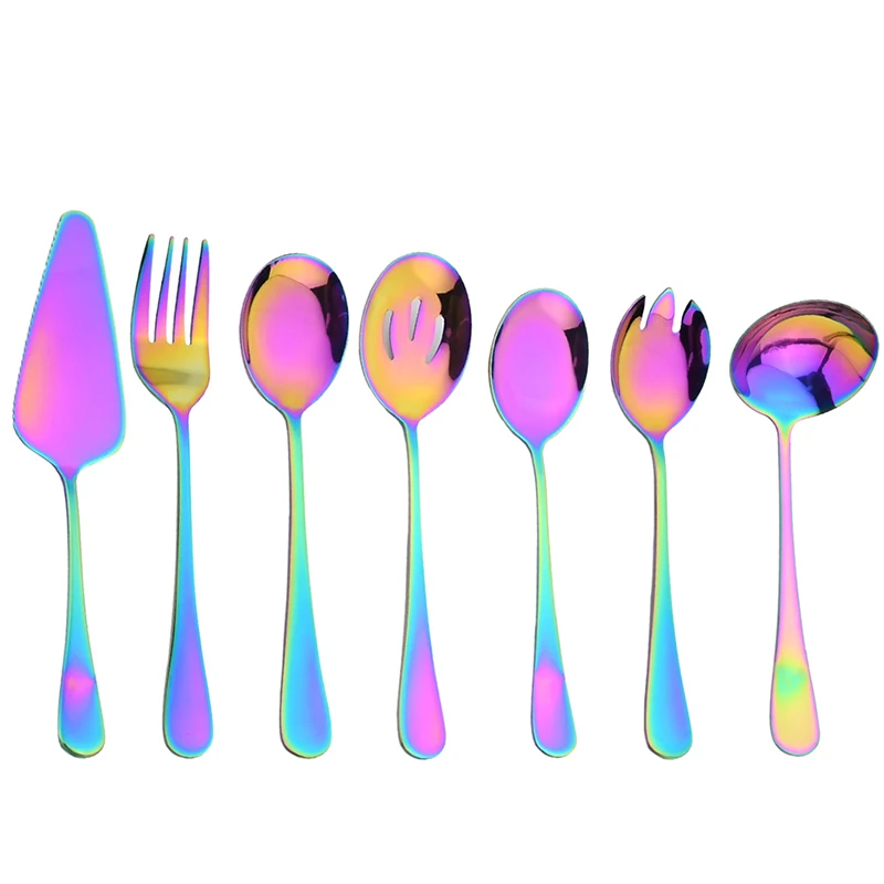 Juego de cubiertos de acero inoxidable, incluye cuchara, colador, cuchara para ensalada, cuchara para pastel y espátula. MDUG (colorido)