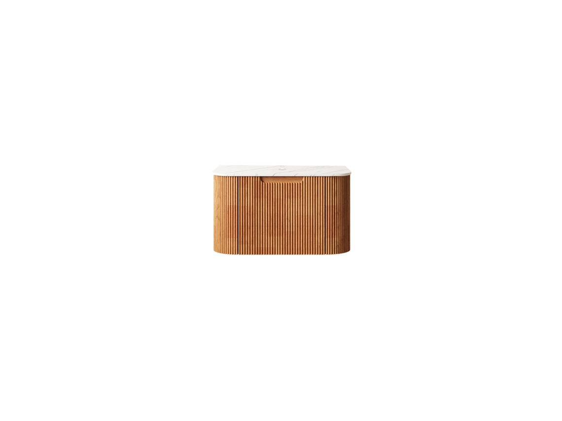 Mueble De Baño Suspendido De 61 Cm Con Encimera Blanca Y Madera Natural.