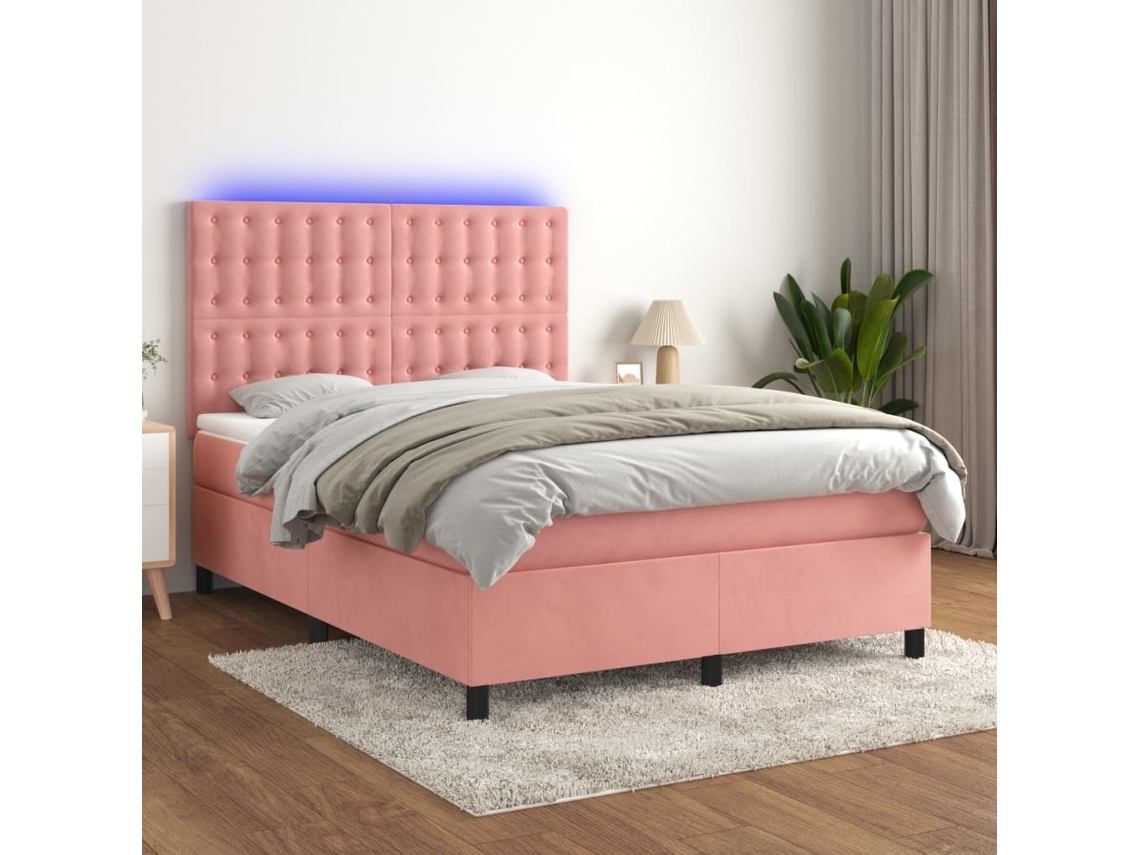 Cama Box Spring Colchón Y Led Terciopelo Rosa 140x190 Cm