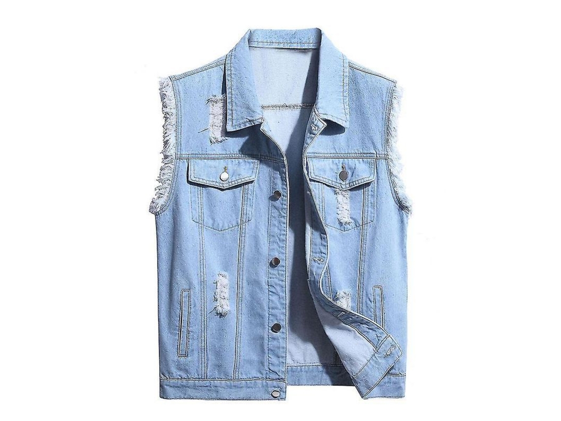 2026-chaleco Vaquero Casual Para Hombre Con Rasgaduras Clásico Botones Sin Mangas Talla S-xl Xl Azul Claro