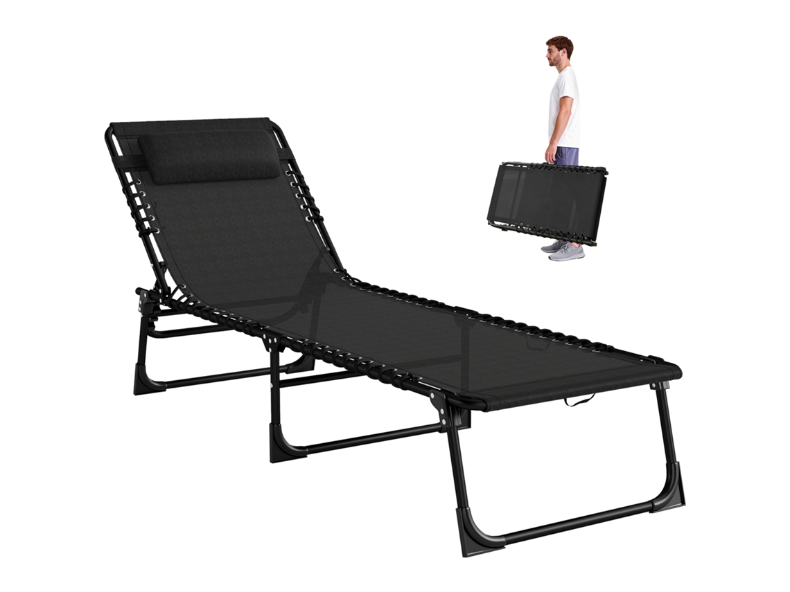 Tumbona Plegable Reclinable, Acero, Textileno, 189x58x30cm, Negro