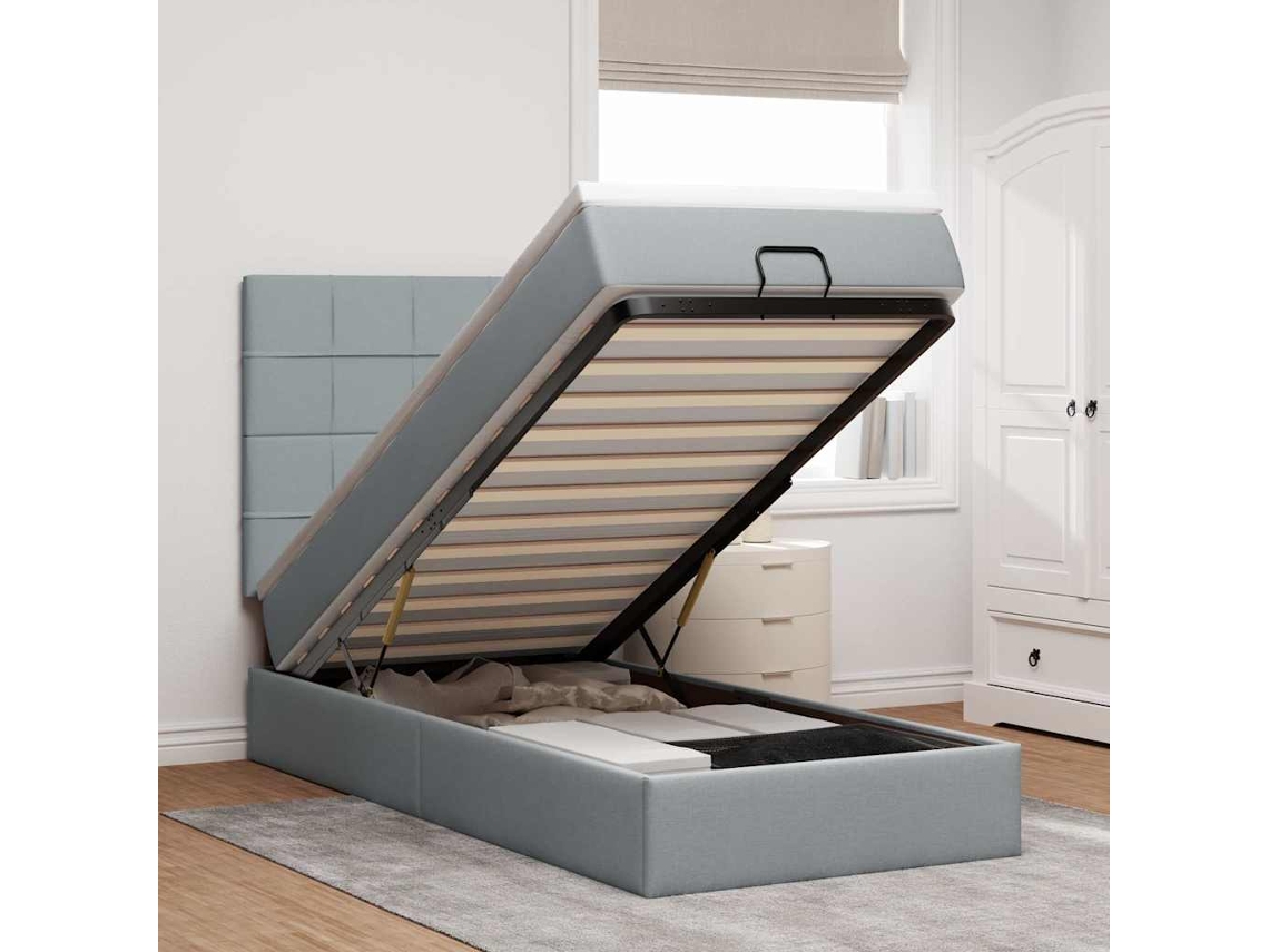 Estructura de cama otomana con colchón tela gris claro 90x190cm
