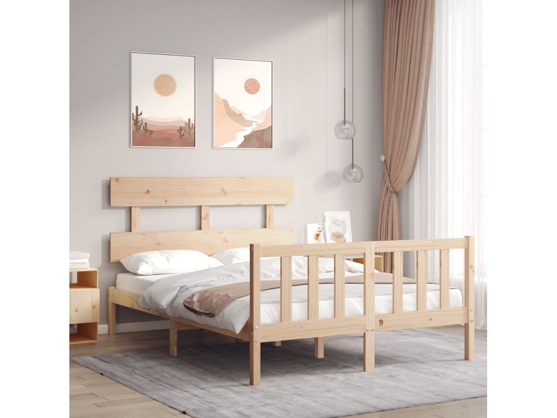 Cama De Matrimonio | Cama Para Adultos | Estructura De Cama Sin Colchón Madera Maciza De Pino 140x190 Cm
