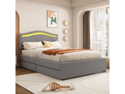 Cama De Lino Gris De 90x200 Cm Con Iluminación Led, 2 Cajones, Cabecero Ajustable Y Somier Minimalista De Láminas.