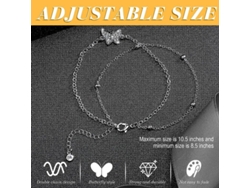 Tobillera De Mariposa En Capas Para Mujer Con Cadena Plateada Ajustable De Doble Capa.