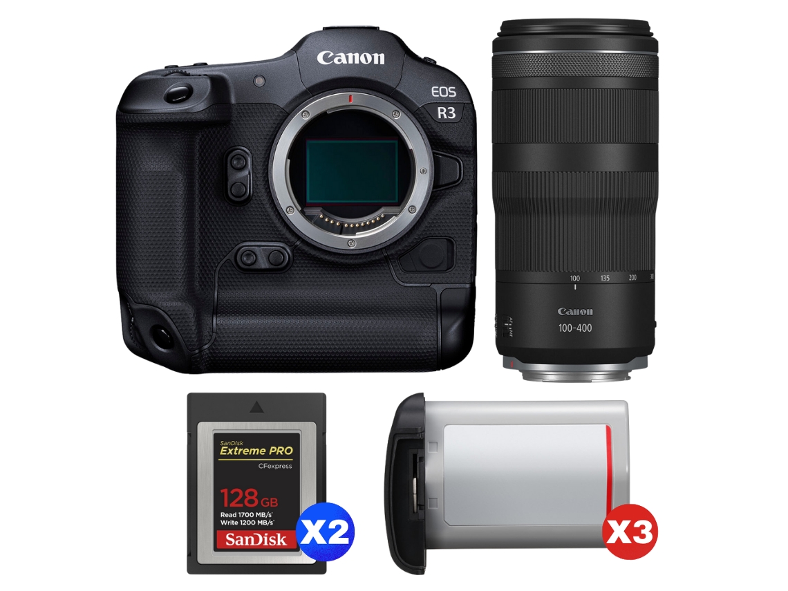 Canon Eos R3 + Rf 100-400mm F/5.6-8 Is Usm + 2 Sandisk 128gb Extreme Pro Cfexpress Type B + 3 Canon Lp-e19 + Ebook Pricedirect