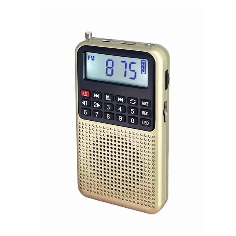 Mini Radio Fm (dorada) - Alta Sensibilidad - Altavoz Bluetooth - Grabadora - Luz Led - Compatible Con Tarjeta Tf - Auriculares