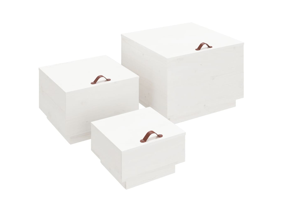 Juego de 3 cajas de almacenamiento con tapa, pino blanco macizo, EXCLUSIVA MAISON