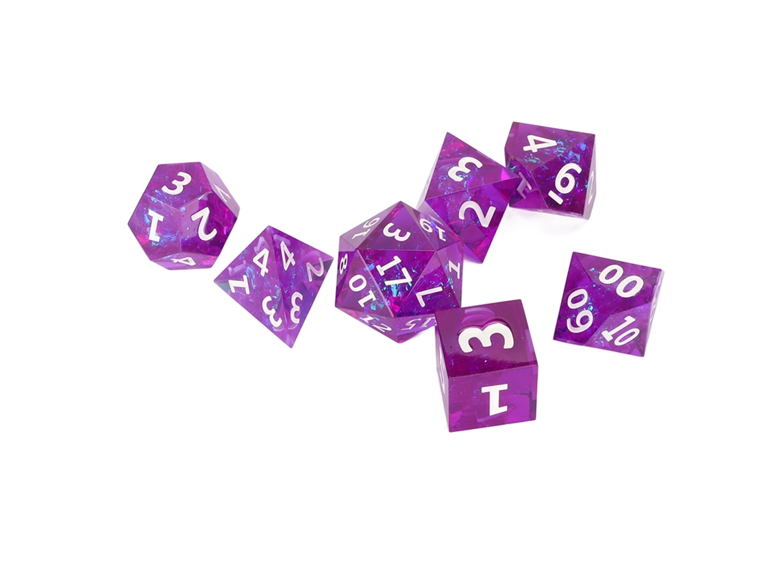 Juego De 7 Dados Poliédricos De Resina Morada Para Juegos De Rol Y De Mesa Con Números Blancos.