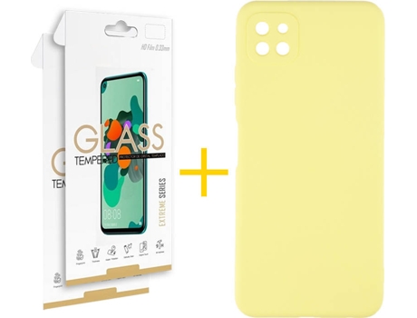 Funda y Protector 2x de Vidrio Samsung Galaxy A22 5G SKYHE Silicona Líquida Amarillo