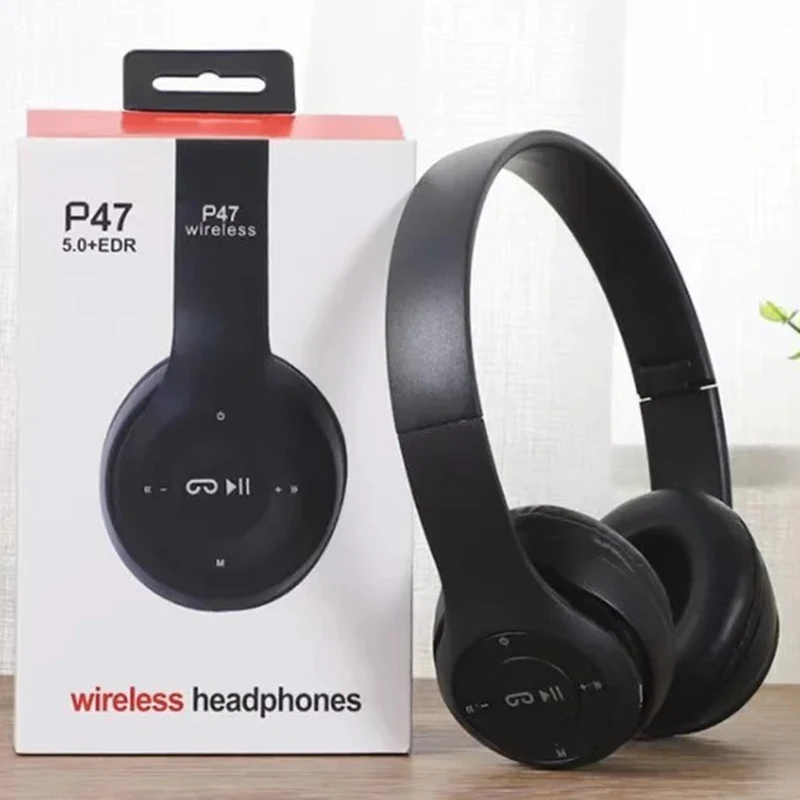 Auscultadores Pretos Hifi Estéreo Dobráveis ​​​​p47 Con Micrófono Y Soporte Para Tarjeta Sd Para Iphone