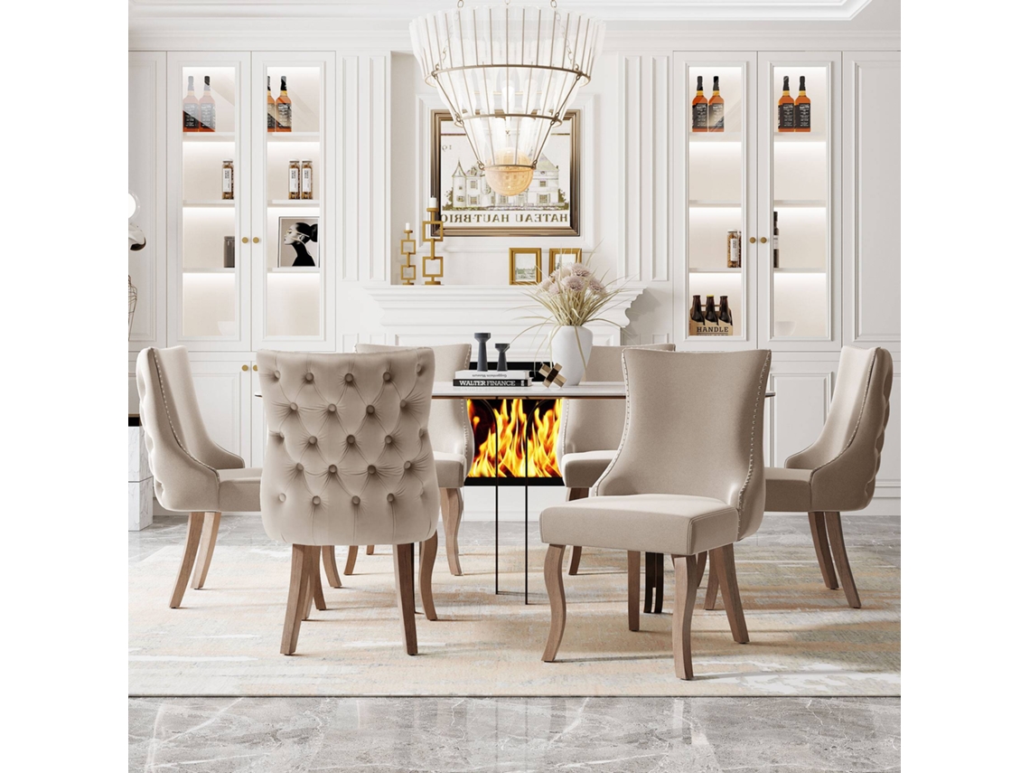 Juego de 6 sillas góndola de terciopelo con patas de madera maciza, estilo beige