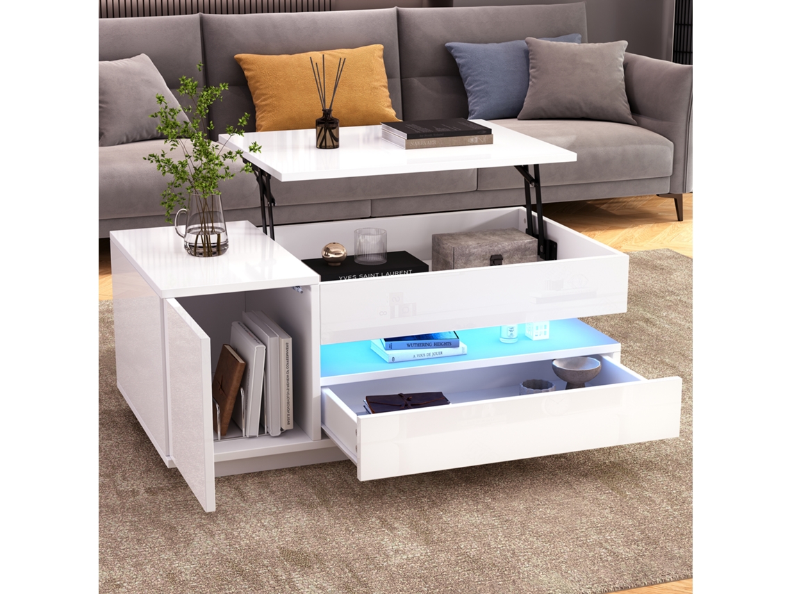 Mesa De Centro Elevable 95x50x40 Cm - Con Led, 1 Cajón, 1 Armario, Almacenamiento Oculto - Blanco