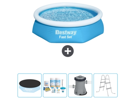 Piscina Hinchable Redonda Fast Set BESTWAY - 244 x 61 cm - Azul - Incluida Cubrir - Paquete de mantenimiento - Bomba - Escalera