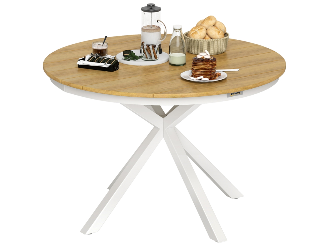 Mesa de jardín de Ø118 cm, de aluminio y listones de teca.