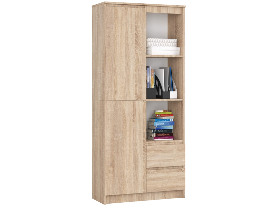 Librería Akord R11 Roble Sonoma 80 Cm 2 Puertas 2 Cajones Frente En Color Roble Sonoma 7 Estantes 80x35x180 Cm
