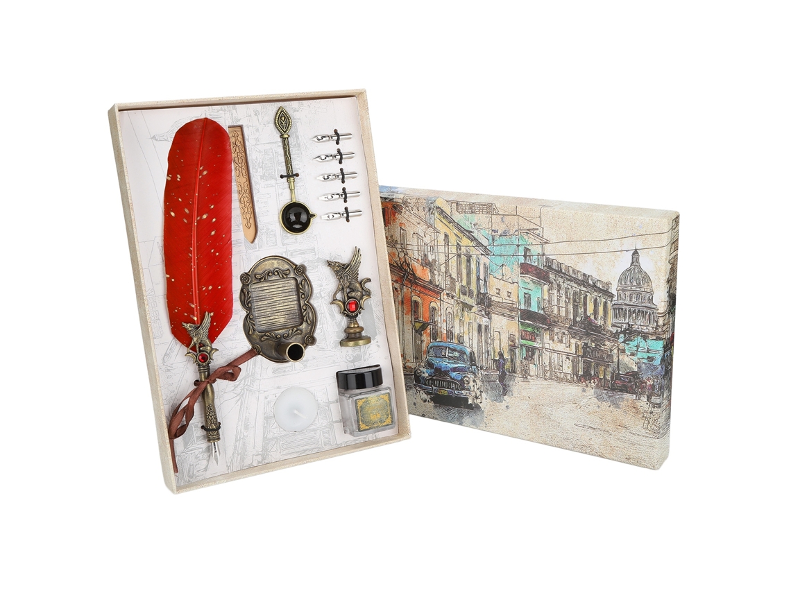 Set Pluma Pluma De Ave Estilo Retro Clásico Para Caligrafía Con Tinta Rojo
