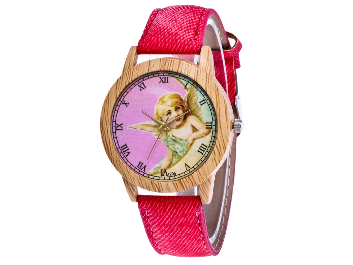 Reloj De Pulsera Unisex Zhoulianfa Con Estampado De Querubines Y Correa De Mezclilla Roja.