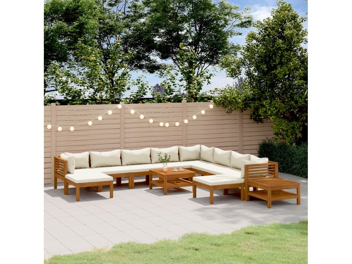 12 Piezas Conjunto Lounge Jardim C/ Almofadões Creme Acácia Maciça Dkd Decoración Del Hogar