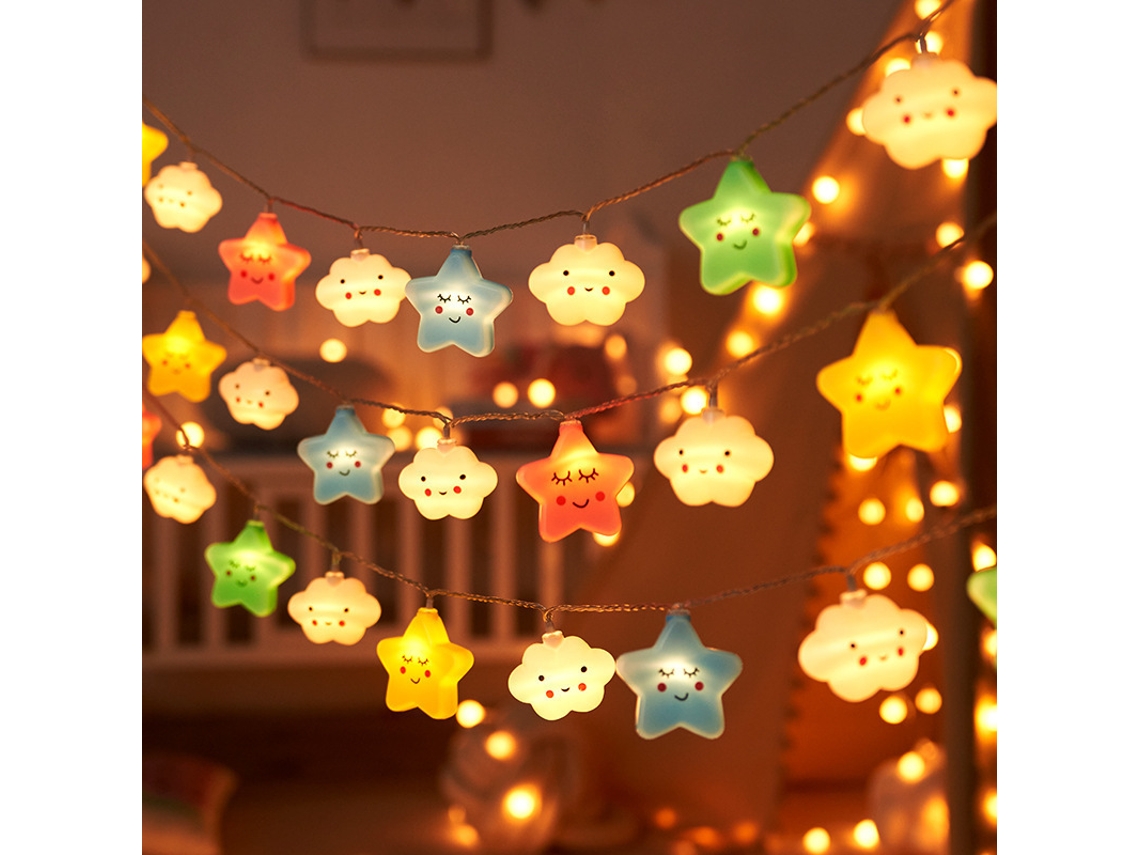 Guirnalda Led 6m 40 Luces Estrellas Y Nubes, Blanco Calido, Pilas, Parpadeo, Para Dormitorio