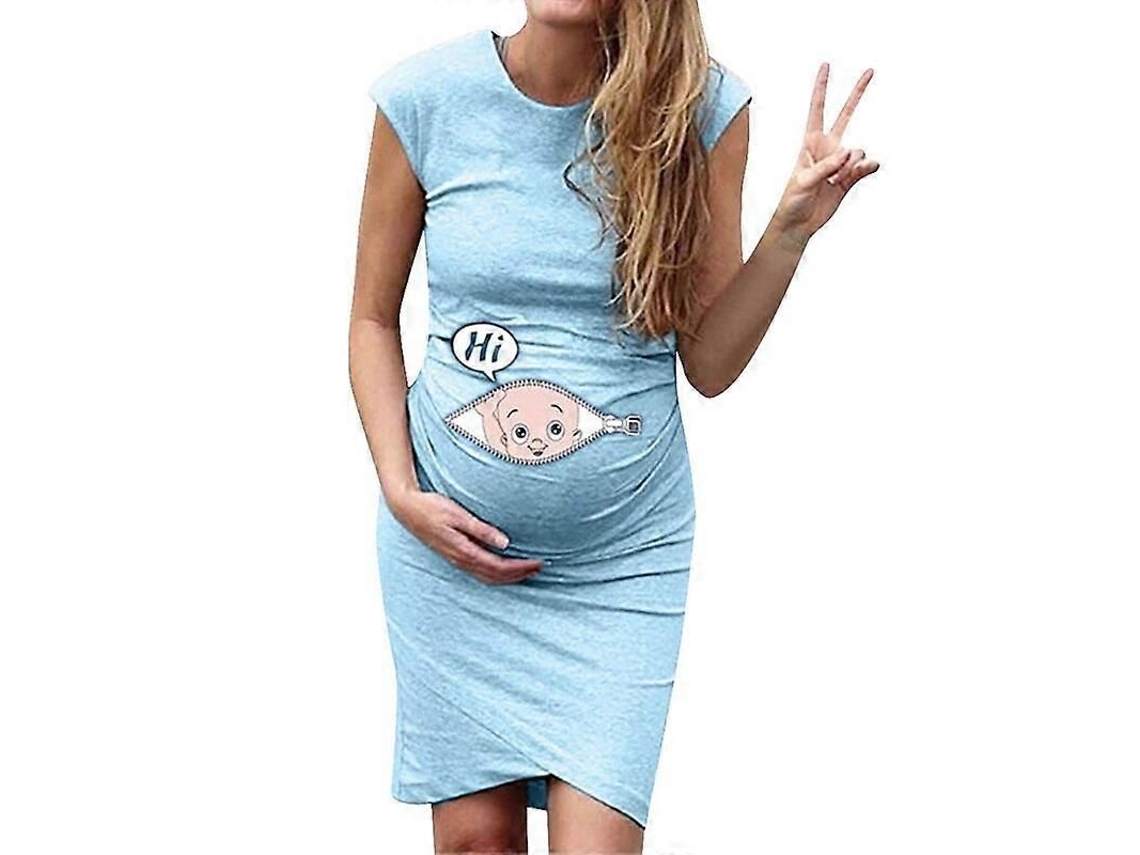 2026-vestido Maternidad Casual Suelto Talla Grande Ropa Embarazada Manga Corta Estampado Cartoons Letras S Azul Cielo