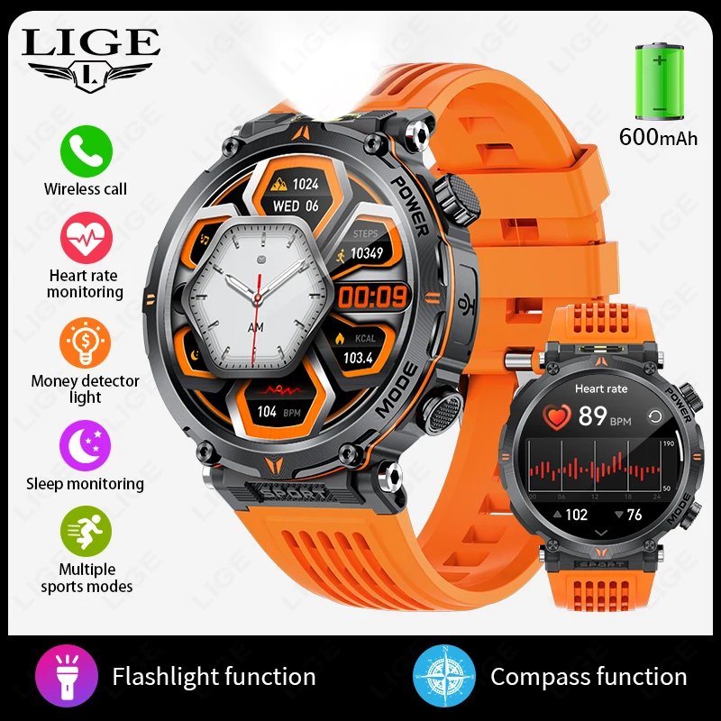(naranja) Reloj Inteligente, Ip68 Resistente Al Agua, Llamada Bluetooth, Seguimiento De Fitness Para Deportes Al Aire Libre, 600mah, Luz Led