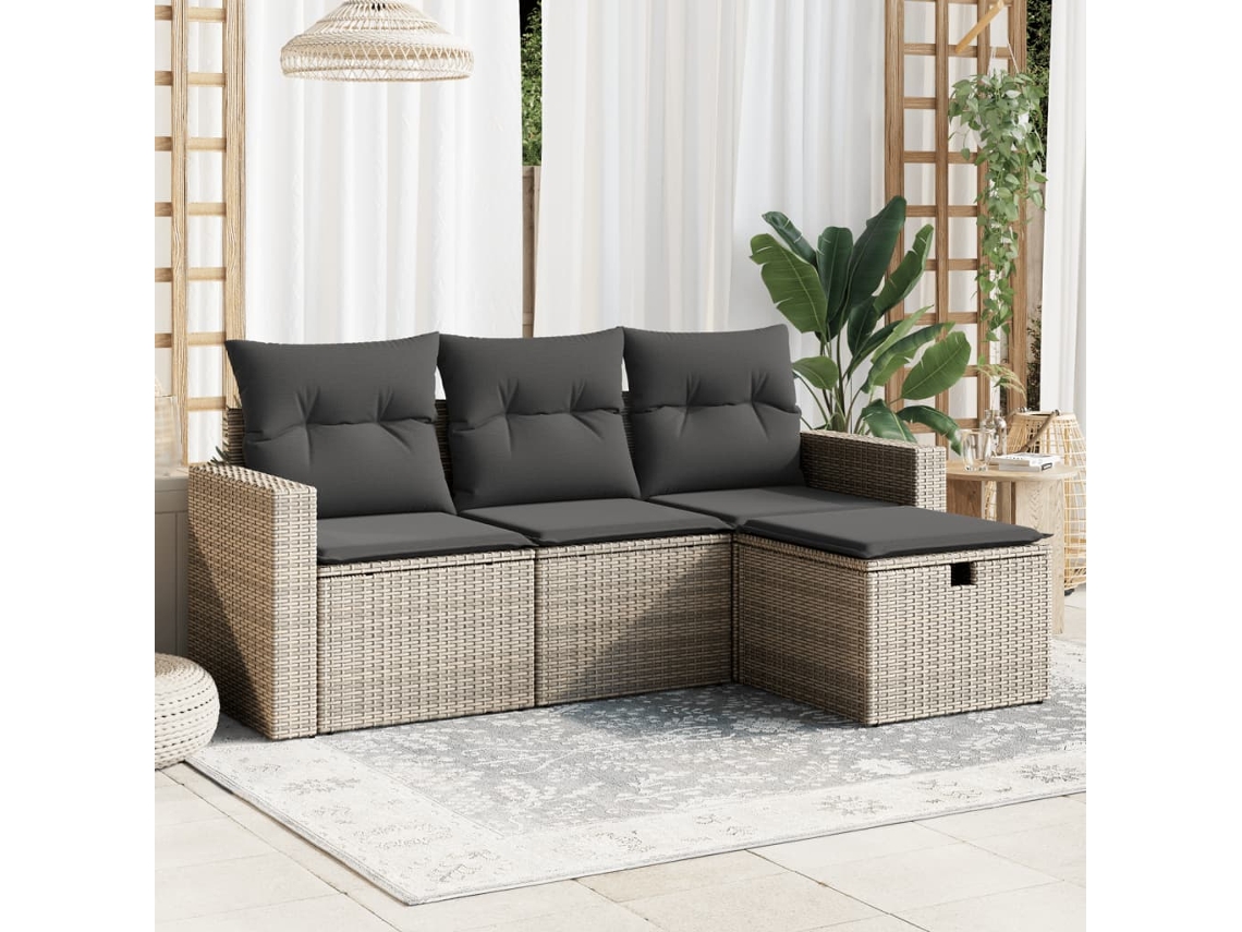Conjunto de sofá de jardín de 4 piezas con cojines, ratán gris, DKD Home Decor