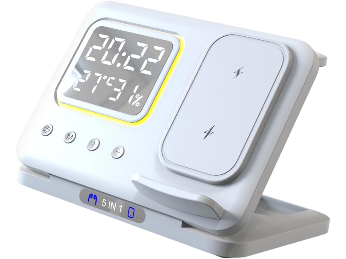 Reloj Con Estación De Carga Compacta, Luz Nocturna, Mesita De Noche, Soporte Para Teléfono, Lámpara De Cama