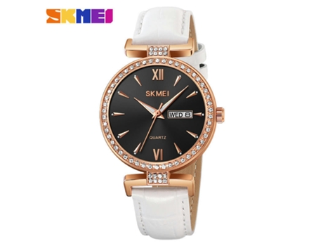 Relojes para Mujer Diamante con Fecha Reloj de Pulsera Analógico Impermeable de Cuero-Concha de Oro Rosa - Cinturón Blanco LUUCOZK