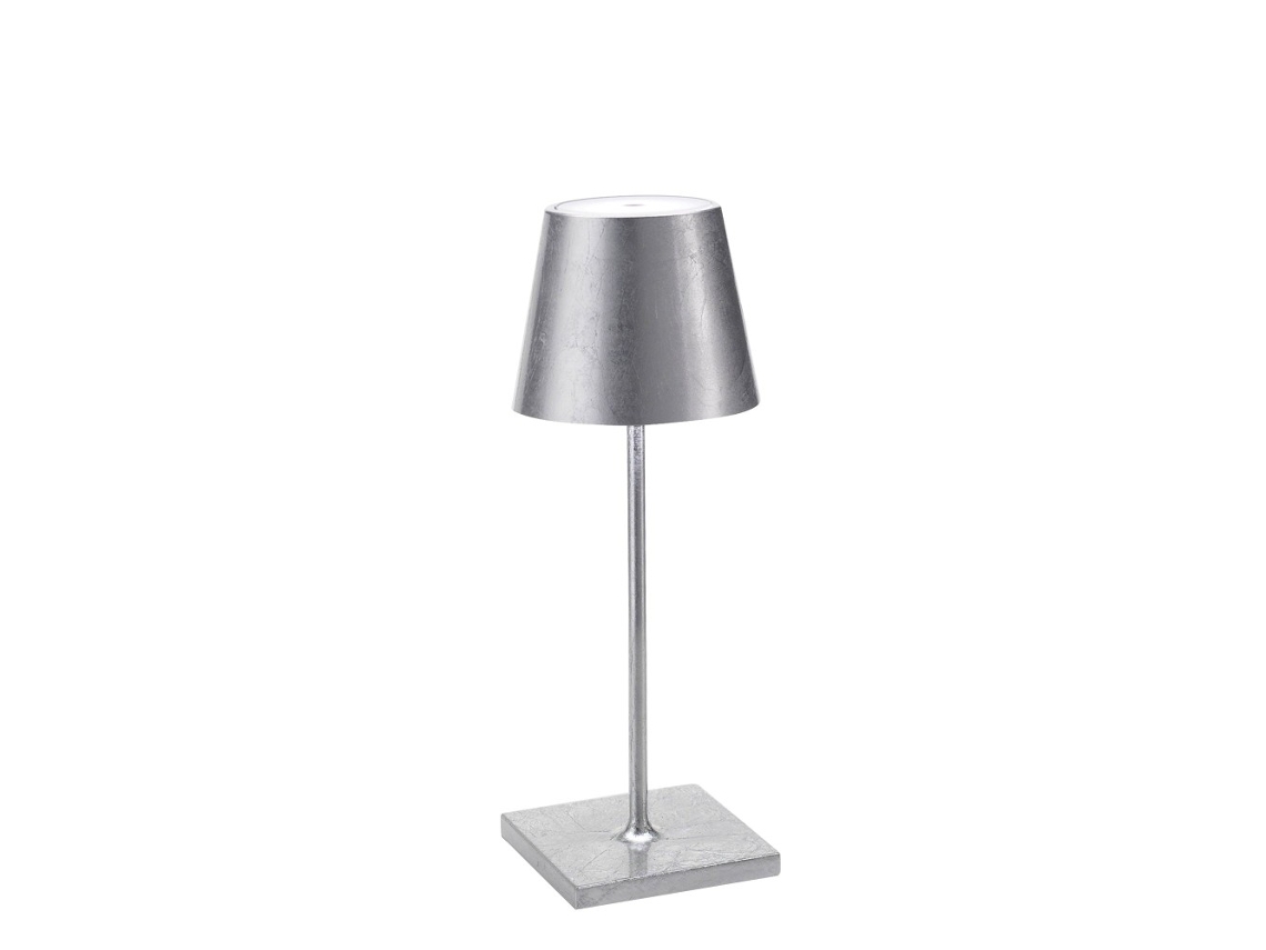 Lámpara de mesa LED recargable y regulable Zafferano Poldina Pro Mini Silver Leaf con autonomía de hasta 12 horas.