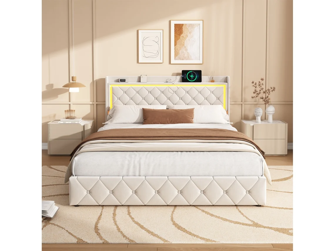 Cama De Matrimonio 140x190 Cama Tapizada Con Almacenamiento,cabecero Con Estante,luces Led Rgb Y Carga Usb/type-c, Terciopelo Beige Cama Adulto Doble