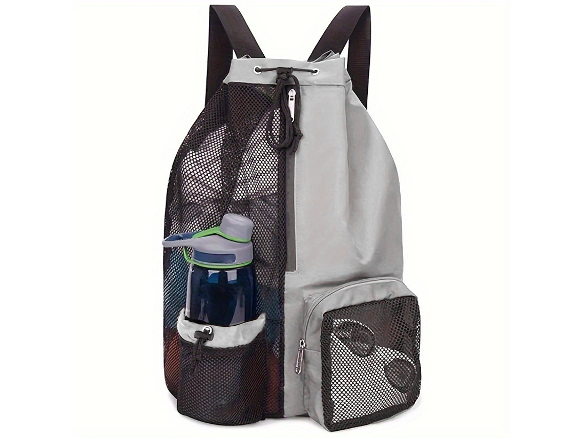 Bolsa de natación de malla gris claro con cierre de cordón, cuenta con un bolsillo impermeable, ideal para nadar y actividades físicas.