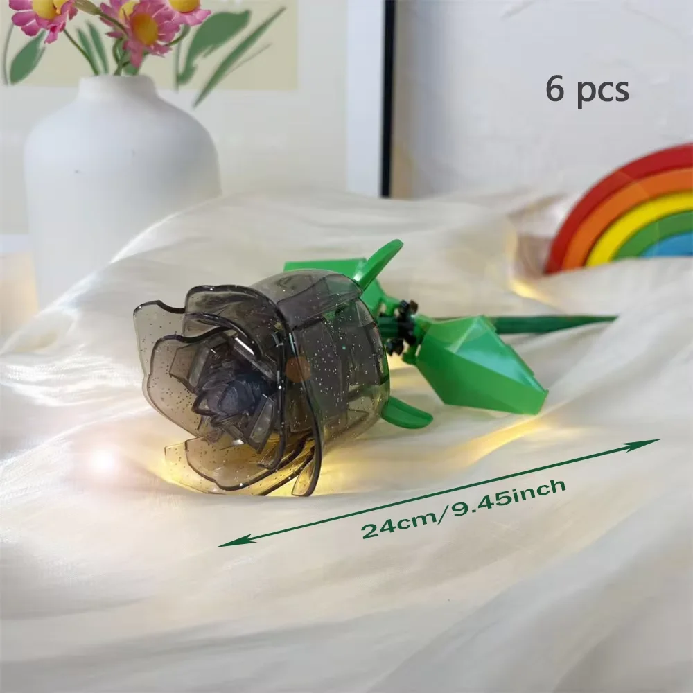 (6 Rosas) Modelo 3d De Ramo De Rosas, Bloques De Construcción, Regalo, Decoración Del Hogar, Juguete Para Niños Con Caja