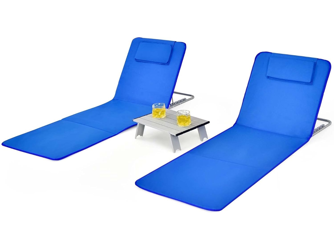 Set de 2 Esterillas de Playa con Respaldo Plegable y 1 Mesita, Set Tumbonas Regulables, Sillas Regulables Portátiles para Playa Patio Camping COSTWAY