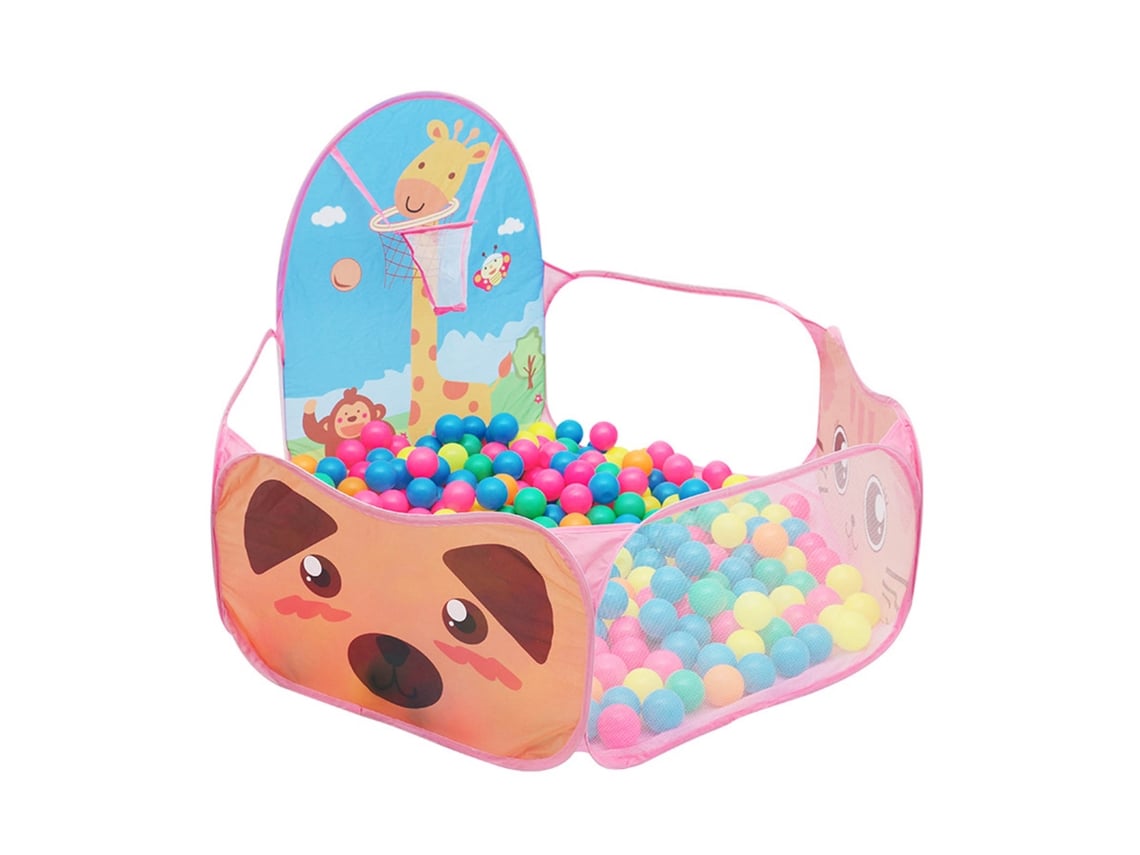 Piscina De Bolas Infantil Con Diseño De Jirafa Y Aro De Baloncesto Rosa.